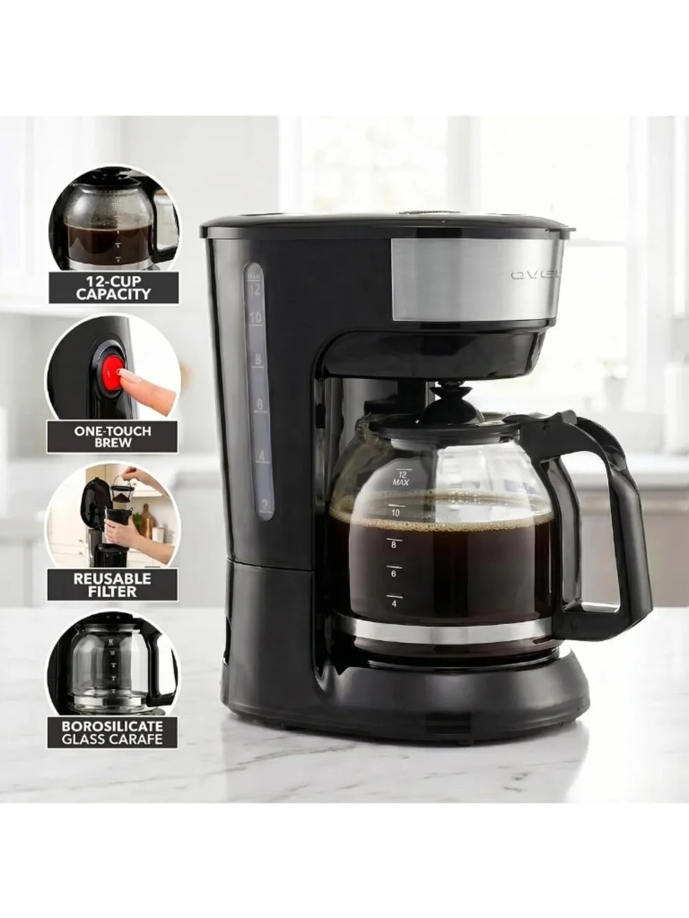 12-Cup Drip Coffee Maker with Easy On/Off Switch, Compact & Stylish Design